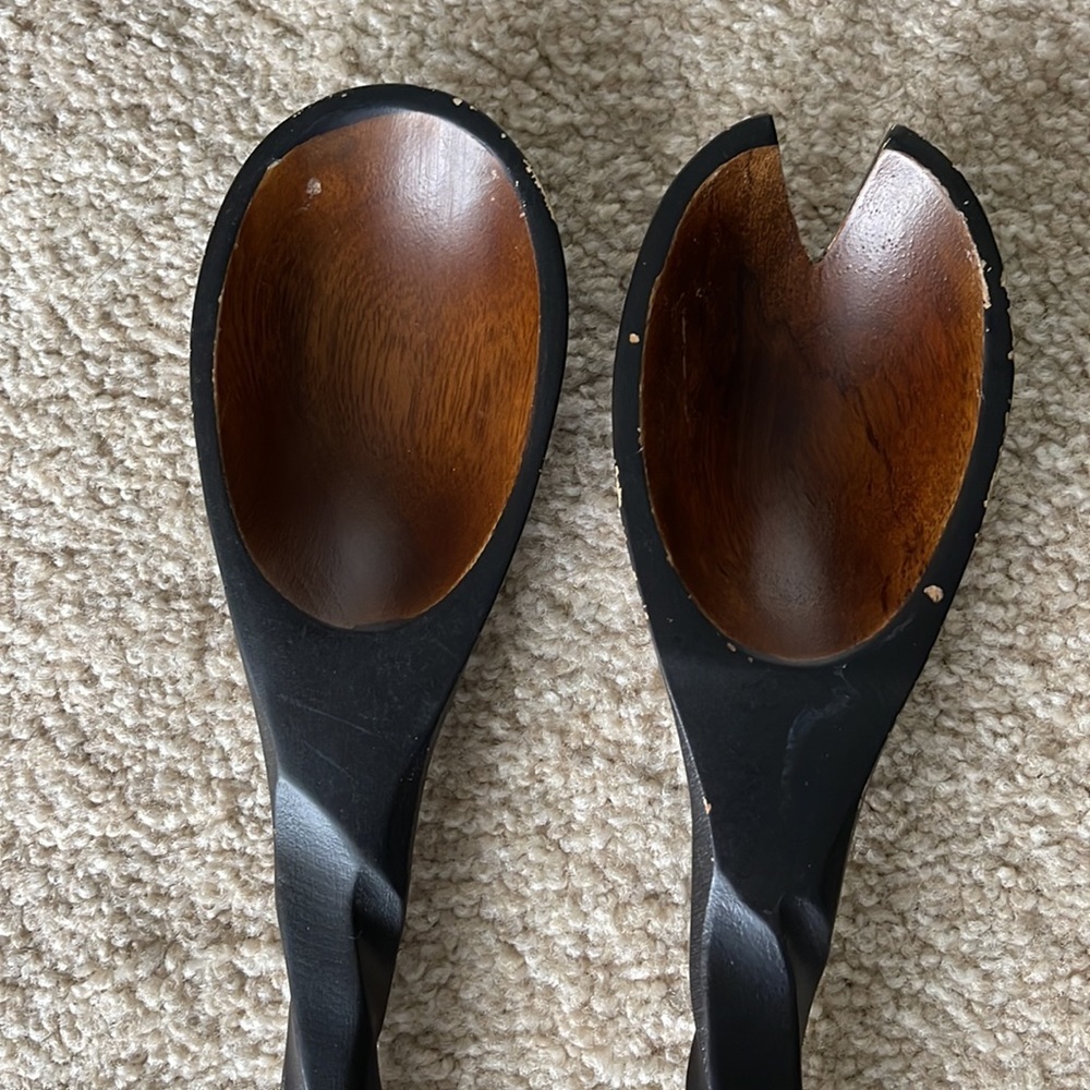 Vintage Unique Handles ENRICO Black Dark Brown Wooden Salad Serving Spoon Set - Picture 4 of 7
